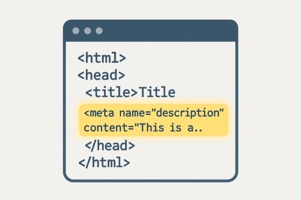 Illustratie van HTML-code met gemarkeerde meta description-tag